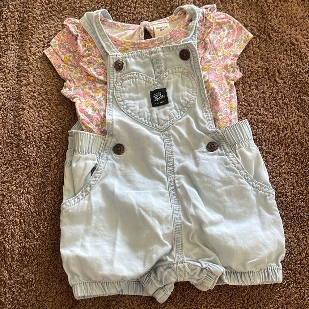 🌈 Baby B Gosh Denim Overalls & Bodysuit Sz 9M Shorts Set Acid washed